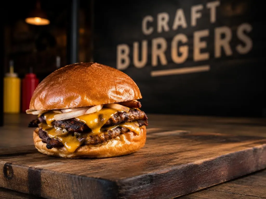 Smash burger duplo com cheddar no balcão da Chapa da Esquina