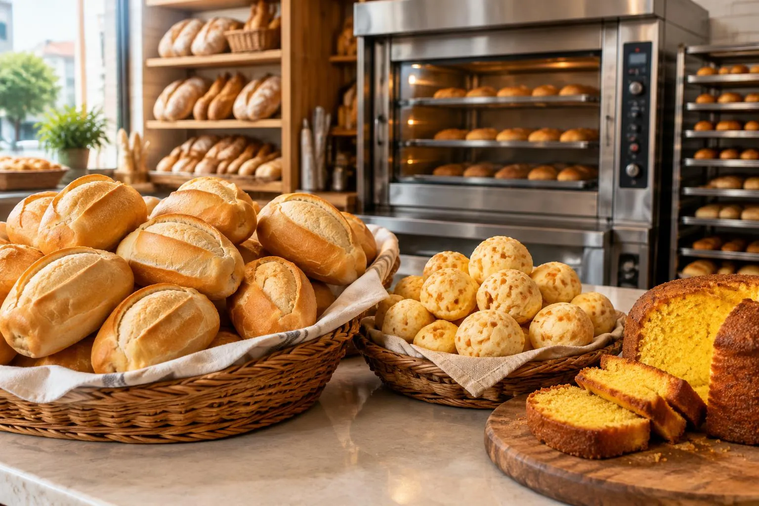 Balcão da Padaria Fornalha com cestos de pão francês, pão de queijo e bolo de fubá